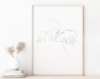 Custom One line Couple portrait drawing, couple line art, couple portrait, custom portrait, Valentines day gift, Kiss print, Gift for her