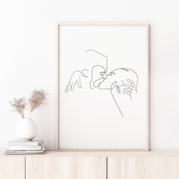 Custom One line Couple portrait drawing, couple line art, couple portrait, custom portrait, Valentines day gift, Kiss print, Gift for her