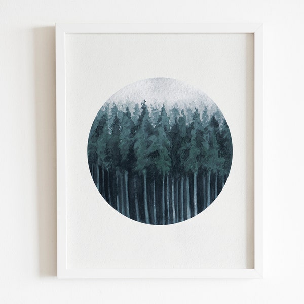 Forest Watercolor Print, Watercolor print wall Art, Forest Round Shape Art, Forest wall art, forest fog, misty forest, INSTANT DOWNLOAD