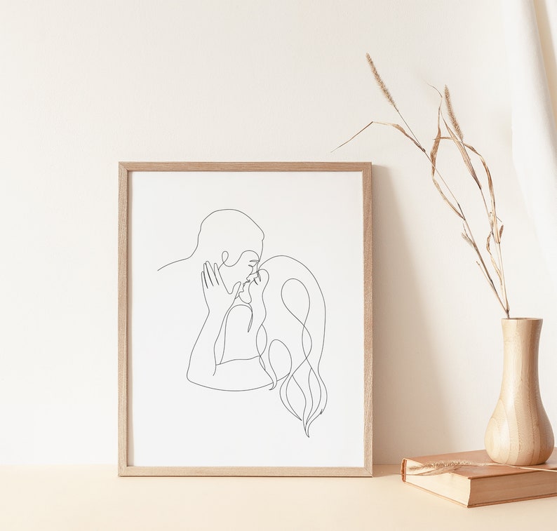 Custom One line Couple portrait drawing, couple line art, couple portrait, custom portrait, Valentines day gift, Kiss print, Gift for her image 4