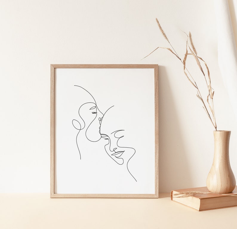 Custom One line Couple portrait drawing, couple line art, couple portrait, custom portrait, Valentines day gift, Kiss print, Gift for her image 6