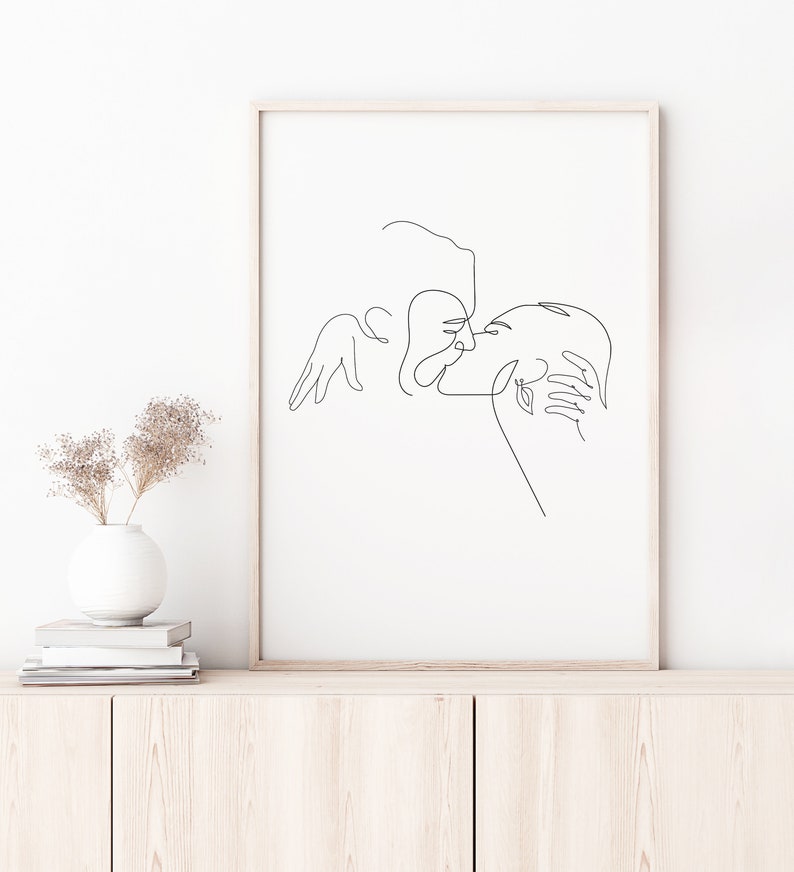 Custom One line Couple portrait drawing, couple line art, couple portrait, custom portrait, Valentines day gift, Kiss print, Gift for her image 1