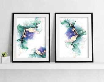 Alkohol Tinte Kunst, Fluid Art Set, Blau - Grün - Gold Farben Abstrakte Kunst, Alkohol Tinte Malerei, Moderne Wandkunst
