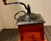 Antique Coffee Grinder Cherry Wood and Cast Iron Detailing