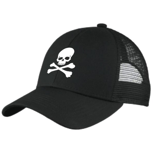 Skull and Crossbones Hat | Jolly Roger Flag | Pirate Hat | Black Trucker Pirate Hat