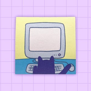 May include: A whimsical illustration on a yellow sticky note. It depicts a cat silhouette using a computer with a keyboard and mouse. The computer screen is blank, and the background is a light blue desk and a yellow wall.
