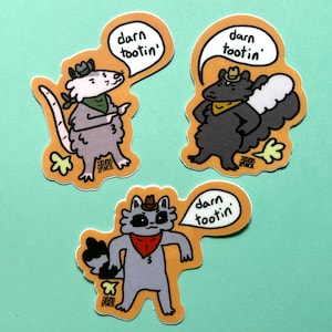 Tootin&#39; trash cat cowboy sticker pack - raccoon, possum, and skunk mini waterproof stickers