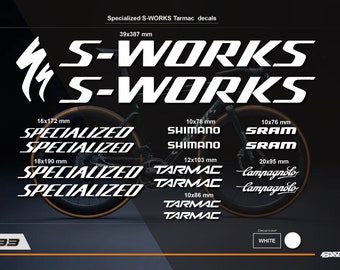 Op maat gemaakte S-works Tarmac-stickerstickers op de fiets. S-works Tarmac-emblemen