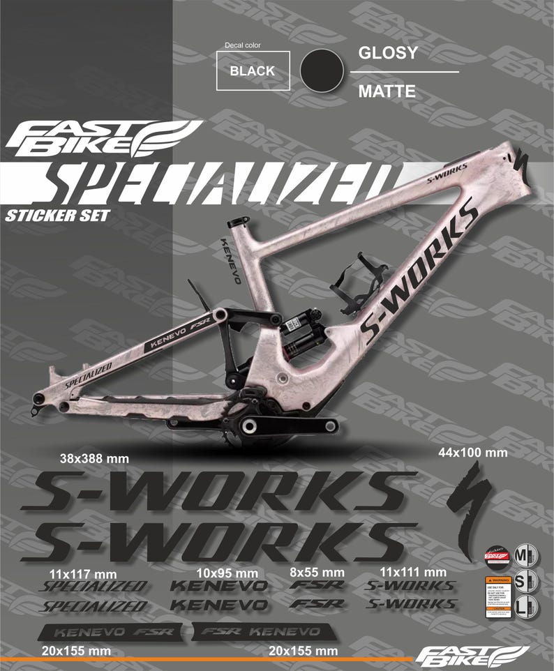 K&ouml;nnte beinhalten: Ein Fahrradrahmen und ein Aufkleber-Set mit dem Text "S-WORKS" und "SPECIALIZED". Der Rahmen ist hellrosa mit schwarzen Akzenten. Das Aufkleber-Set enth&auml;lt verschiedene Gr&ouml;&szlig;en und den Text "KENEVO" und "FSR".