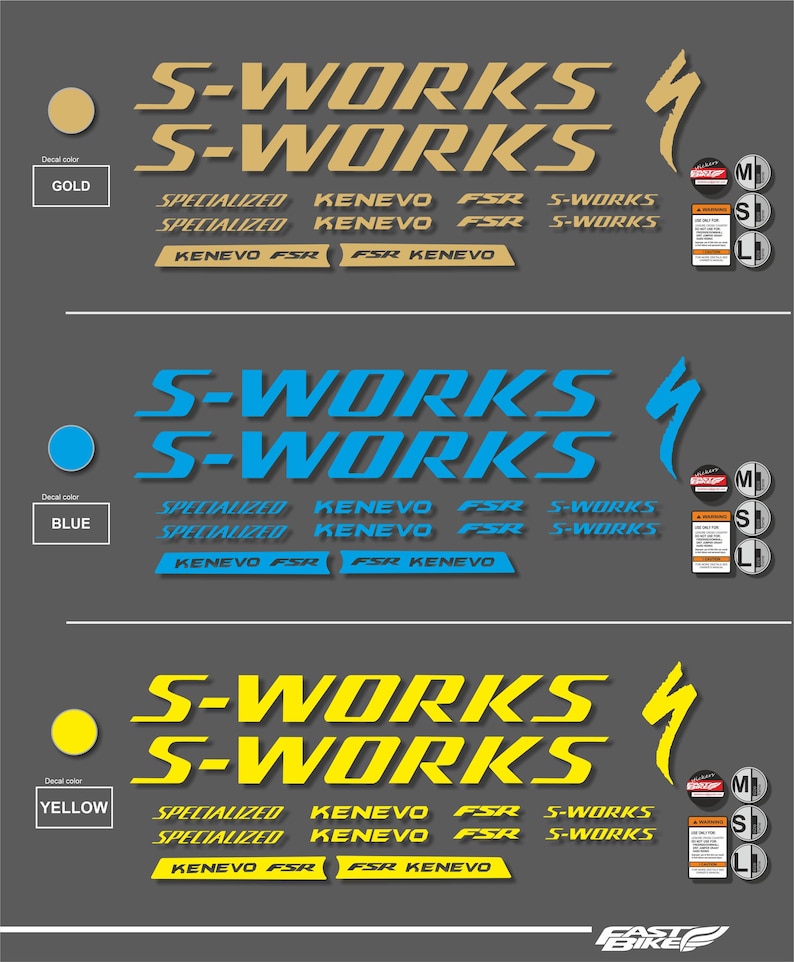 K&ouml;nnte beinhalten: Aufkleber-Set mit dem "S-WORKS"-Logo in Gold, Blau und Gelb. Enth&auml;lt den Text "SPECIALIZED" und "KENEVO FSR". Das Set enth&auml;lt auch kleine Aufkleber mit Gr&ouml;&szlig;enangaben: M, S und L.