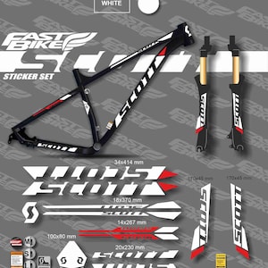 May include: A black and white SCOTT bicycle sticker set, featuring frame decals, fork stickers, and logo designs. The set includes sizes and measurements in millimeters, with a white decal colour option.