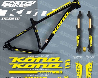Custom made Kona decal stickers on bike. Kona decals