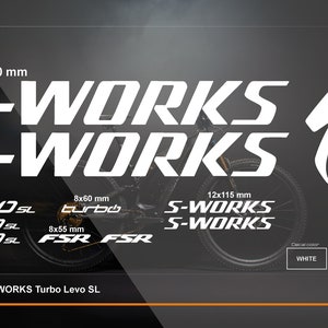 Op maat gemaakte S-Works levo-stickers op de fiets.S-Works levo-stickers