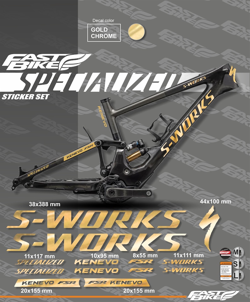 K&ouml;nnte beinhalten: Ein schwarzer und goldener S-Works Mountainbike-Rahmen und Aufkleber-Set. Der Rahmen hat goldfarbene Schriftz&uuml;ge und Akzente mit den Ma&szlig;en 38x388 mm und 44x100 mm. Das Aufkleber-Set enth&auml;lt verschiedene Gr&ouml;&szlig;en und den Text "SPECIALIZED" und "KENEVO FSR".