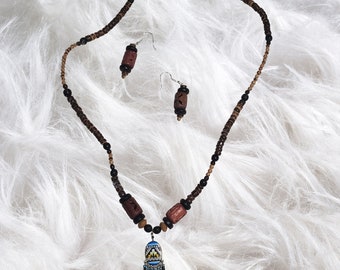 Wooden Hand made necklace and earring set.
