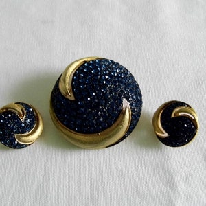 JJ Gold Tone Blue Rhinestone Brooch and Clip Earring Set