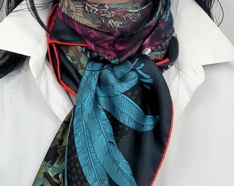Großes quadratisches 110cm 100% Seide Luxus Twill doppelseitig bedrucktes Dschungel Blau Magenta Haar Kopftuch Geschenk für ihre Frauen Schal Bandana Hijab