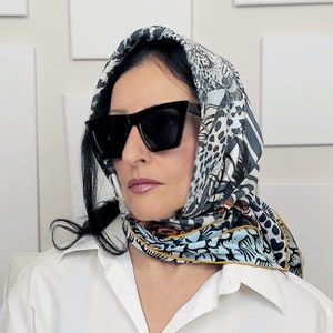 Double Sided 100% Silk 110cm Large Square Luxury Twill Printed Cheetah Grey Gold Hair Head Scarf Gift For Her Women's Shawl Bandana Hijab