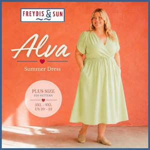 Könnte beinhalten: Ein hellgrünes Midikleid mit kurzen Puffärmeln, V-Ausschnitt und Kordelzug in der Taille. Text: FREYDIS & SUN, Alva, Summer Dress, PLUS SIZE PDF PATTERN, 3XL - 9XL, US 20 - 32. Das Kleid hat einen weiten Rock und seitliche Taschen.