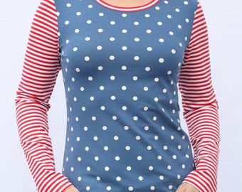 Freydis & Sun - Chemise à manches longues à pois et rayures, combinaison bleu-rouge-blanc, jersey de coton, grandes tailles, fabriquée au Schleswig-Holstein