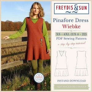 May include: A rust-colored pinafore dress with a V-neck and a flared skirt, adorned with decorative buttons. The dress is worn over a long-sleeved green shirt and paired with green leggings. The image includes the text "Pinafore Dress Wiebke".