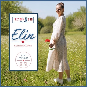 Könnte beinhalten: Ein helles Midikleid mit kleinem Blumenmuster, langen Ärmeln und Bindegürtel. Eine weiße rechteckige Grafik enthält den Text FREYDIS & SUN, Elin, Summer Dress, PDF PATTERN, XS-3XL und US 4-20 zusammen mit kleinen roten Herzsymbolen.