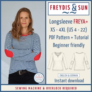 Könnte beinhalten: Eine Frau trägt ein langärmliges gestreiftes Oberteil mit roten Ellbogenpatches und rotem Ausschnitt. Das Bild zeigt ein PDF-Muster und ein Tutorial für ein langärmliges Shirt, Größen XS-4XL (US 4-22). Das Muster ist anfängerfreundlich.