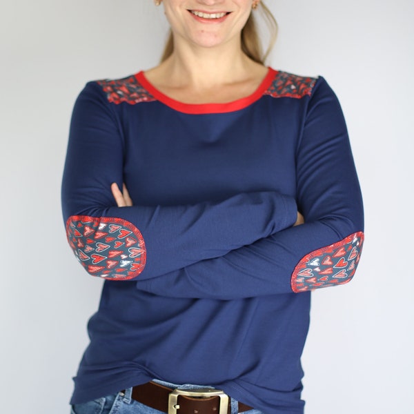 Freydis & Sun-Langarmshirt für Damen, Dunkelblau mit Herzen Muster, Baumwoll-Jersey, auch in Übergrößen, Made in Schleswig-Holstein