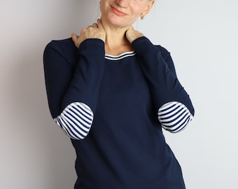 Freydis & Sun - Camisa de manga larga para mujer, azul oscuro, a rayas, punto de algodón, también en tallas grandes, oversize, fabricado en Schleswig-Holstein