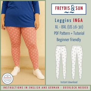 Puede incluir: Leggings rosas con un estampado floral blanco. Los leggings son parte de un patrón PDF y tutorial para tallas XL-8XL (US 16-30). La imagen también incluye el texto "FREYDIS & SUN" y "Leggins INGA".