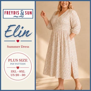 Könnte beinhalten: Ein wadenlanges Kleid mit V-Ausschnitt, Dreiviertelärmeln und Seitenschlitz, bedruckt mit einem kleinen Blumenmuster. Der Text auf dem Bild lautet: FREYDIS & SUN, Elin, Summer Dress, PLUS SIZE, PDF PATTERN, 3XL - 8XL, US 20 - 30.