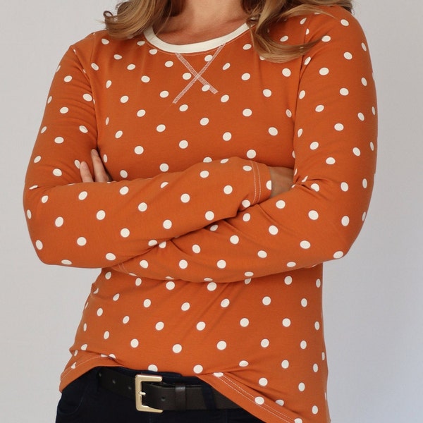 Freydis & Sun - Long-sleeved shirt with dots, brown, cotton jersey, also in oversizes, oversize, plus size, made in Schleswig-Holstein