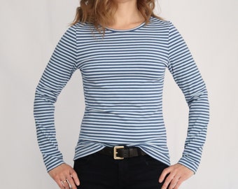 Freydis & Sun - Long-sleeved shirt for women, striped shirt, blue-light blue stripes, cotton jersey, also in oversizes, made in Schleswig-Holstein