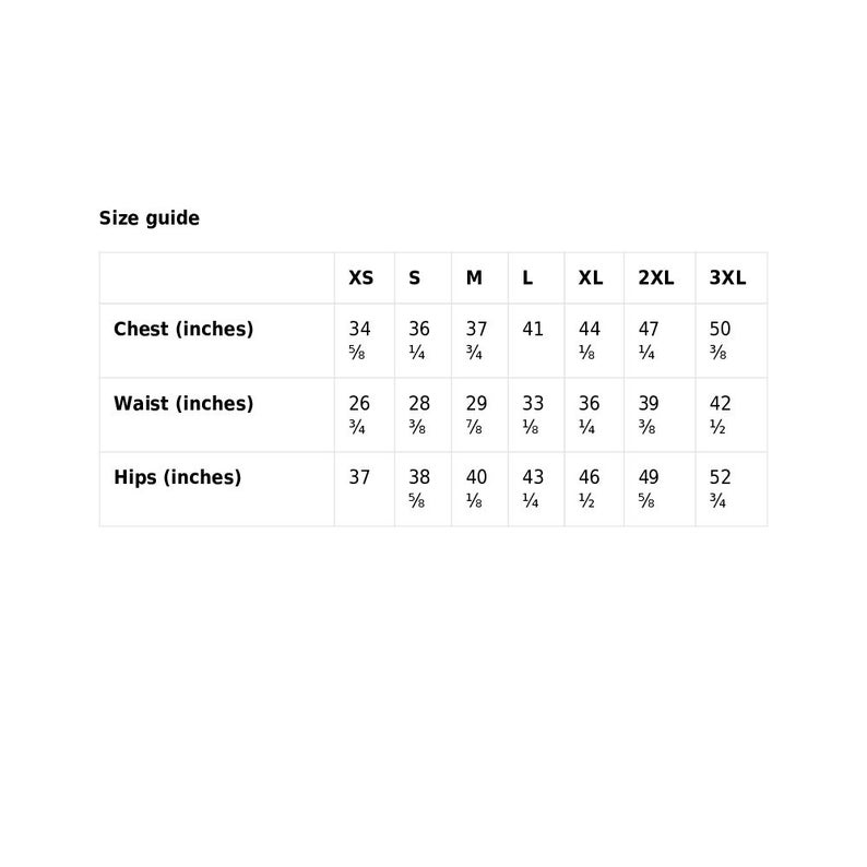 May include: A white size guide chart with measurements in inches for chest, waist, and hips. Sizes range from XS to 3XL, with corresponding measurements such as 34 5/8 inches for the chest in XS and 52 3/4 inches for the hips in 3XL.