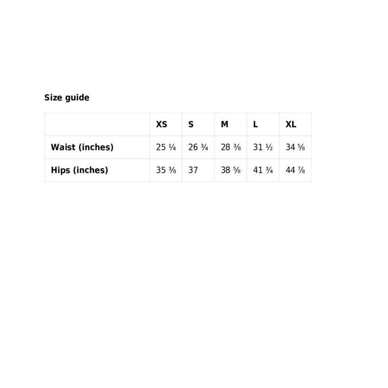 May include: A size guide for clothing, with measurements in inches. The guide includes waist and hip measurements for sizes XS, S, M, L, and XL. The text is in black on a white background.