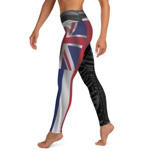 May include: Yoga leggings featuring a design that combines the Union Jack with a black tribal pattern. The leggings have a high waistband and a form-fitting silhouette, suitable for athletic activities or casual wear.