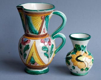 2 Old Italian Majolica Sgraffito Vases MCM Art Ceramics Italy