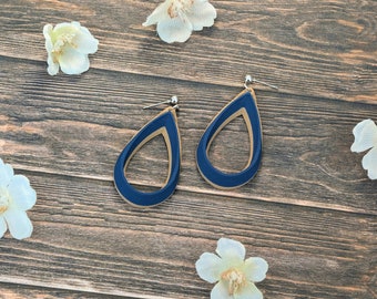 Teardrop Earrings Matte Navy Blue on light brown blend bohemian 3D printed gift earrings for her jewelry