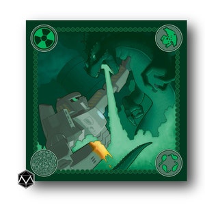 May include: A green and gray illustration of a robot battling a dragon. The robot is firing a beam of energy at the dragon. The dragon is breathing fire. The illustration is surrounded by a green border with a repeating DNA pattern.