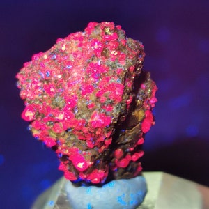 Könnte beinhalten: Nahaufnahme eines roten Mineralproben mit einer rauen, strukturierten Oberfläche. Das Mineral wird mit UV-Licht beleuchtet, wodurch es hell leuchtet.