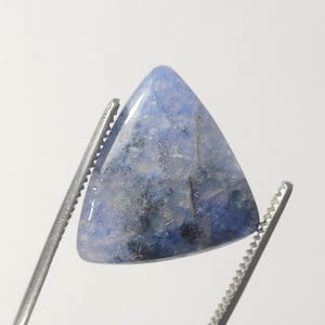 May include: A triangular gemstone with a polished surface, held by tweezers. The stone features a blend of blue, gray, and black hues, creating a marbled effect. The gem's shape is a rounded triangle, and it appears to be a natural mineral.