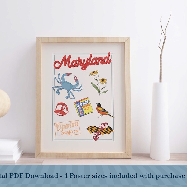 Maryland Print, Maryland Digital Download, Maryland Flag Art, Maryland Crab Printable