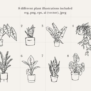 May include: Eight black and white line drawings of potted plants. The plants are various types of houseplants, including a fern, a snake plant, and a monstera.