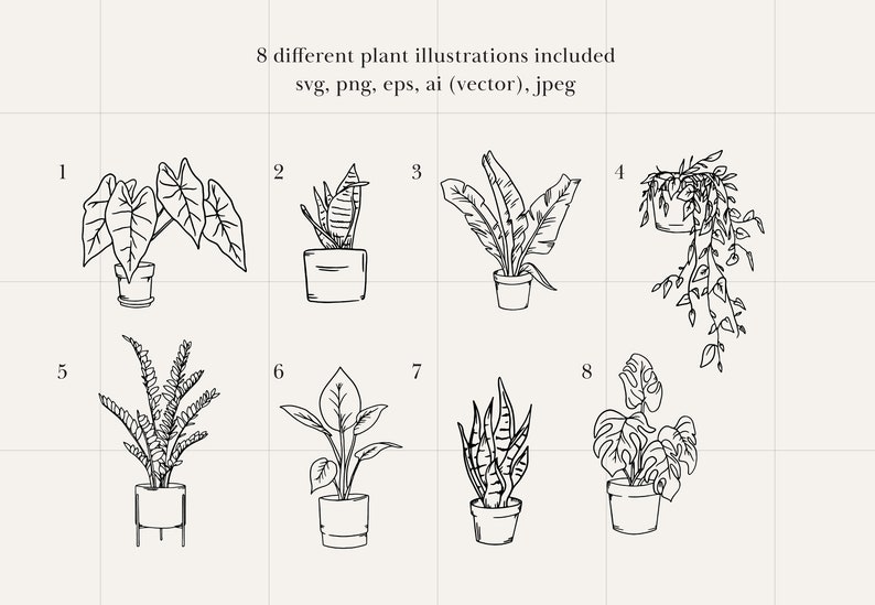 May include: Eight black and white line drawings of potted plants. The plants are various types of houseplants, including a fern, a snake plant, and a monstera.