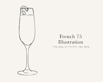 French 75 Drawing, French 75 Illustration, French 75 SVG, French 75 PNG, French 75 Clip Art, Champagne Cocktail Drawing