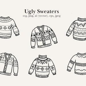 Ugly Sweater Illustrations, Ugly Sweater Drawings, Ugly Sweater SVG, Hand Drawn Ugly Sweater, Ugly Sweater PNG, Sweater Outline Drawing