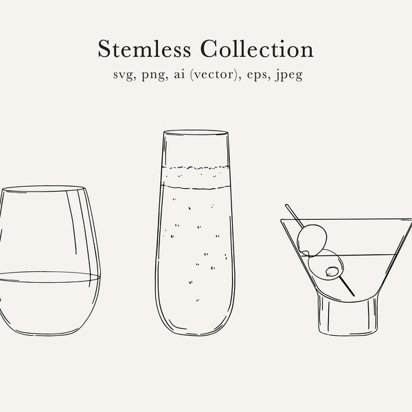 Stemless Drink Illustrations, Cocktail Drawings, Wine Clip Art, Martini Clip Art, Champagne Glass SVG