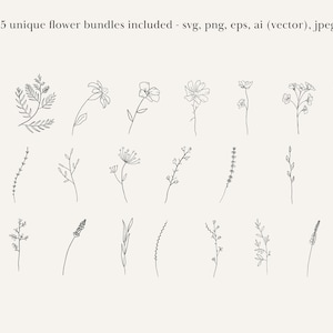 May include: A set of 25 unique hand-drawn flower bundles, perfect for adding a touch of nature to your designs. The illustrations are simple and elegant, featuring a variety of flowers and leaves.