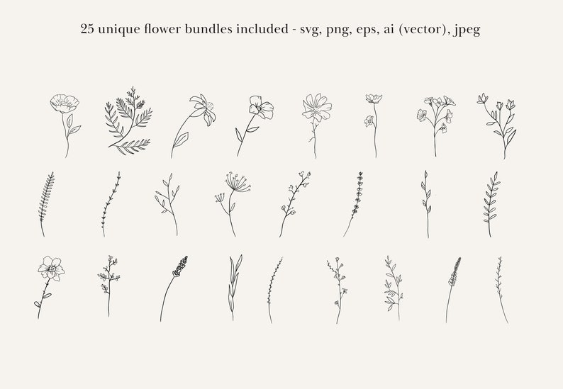 May include: A set of 25 unique hand-drawn flower bundles, perfect for adding a touch of nature to your designs. The illustrations are simple and elegant, featuring a variety of flowers and leaves.