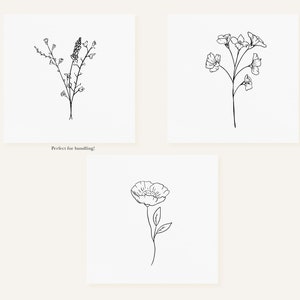 May include: Three black and white line drawings of flowers. The first drawing is of a flower with a long stem and many small flowers. The second drawing is of a flower with a long stem and five flowers. The third drawing is of a flower with a long stem and one large flower.